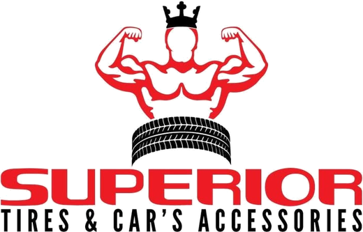 Superior Tires & Car's Accessories logo: a crowned strongman flexing over a stack of tires
